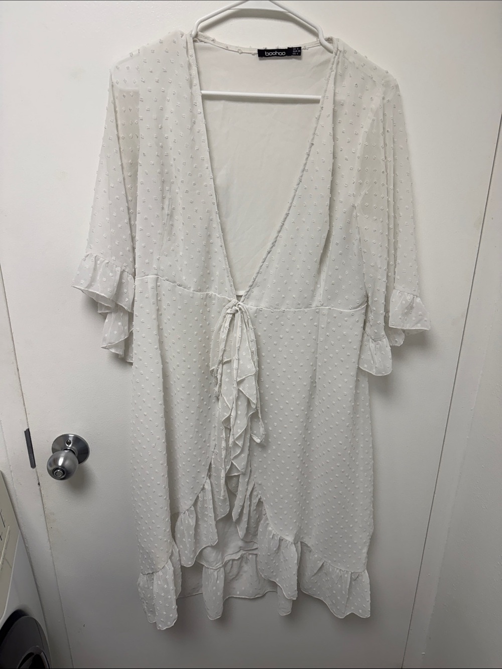Boohoo White Ruffle Tie-Front Sheer Dress